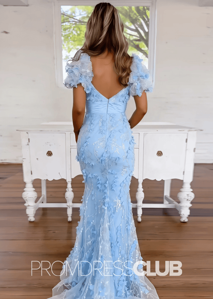 Denise |Blue Prom Dresses Long Mermaid Short Sleeves Appliques with Bow - Light Blue - PromDressClub