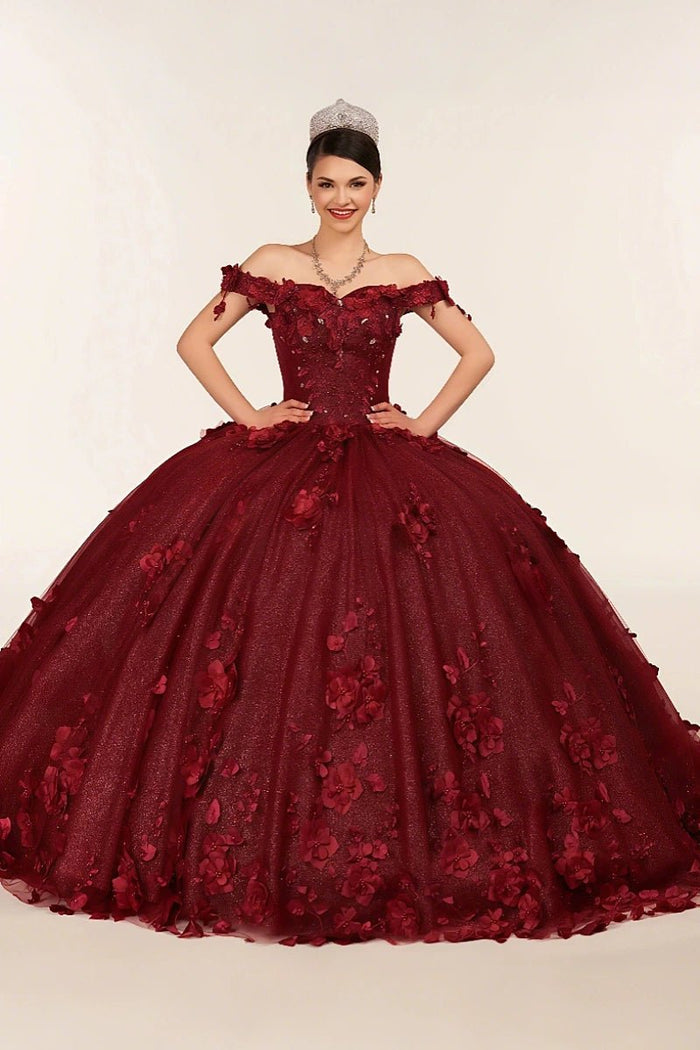Desiree | Burgundy Flower Quinceanera Dresses Off the Shoulder : A Blend of Grace and Glamour - Burgundy - PromDressClub