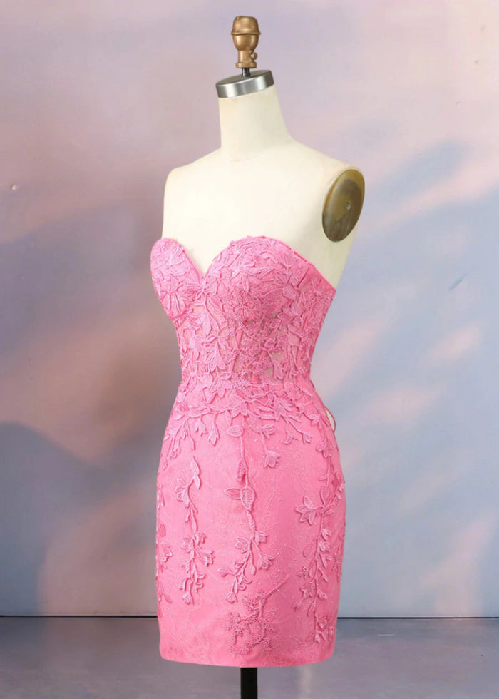 Despina | Dazzle in Black: Lace Short Strapless Homecoming Dress with Sparkling Details - Hot Pink - PromDressClub