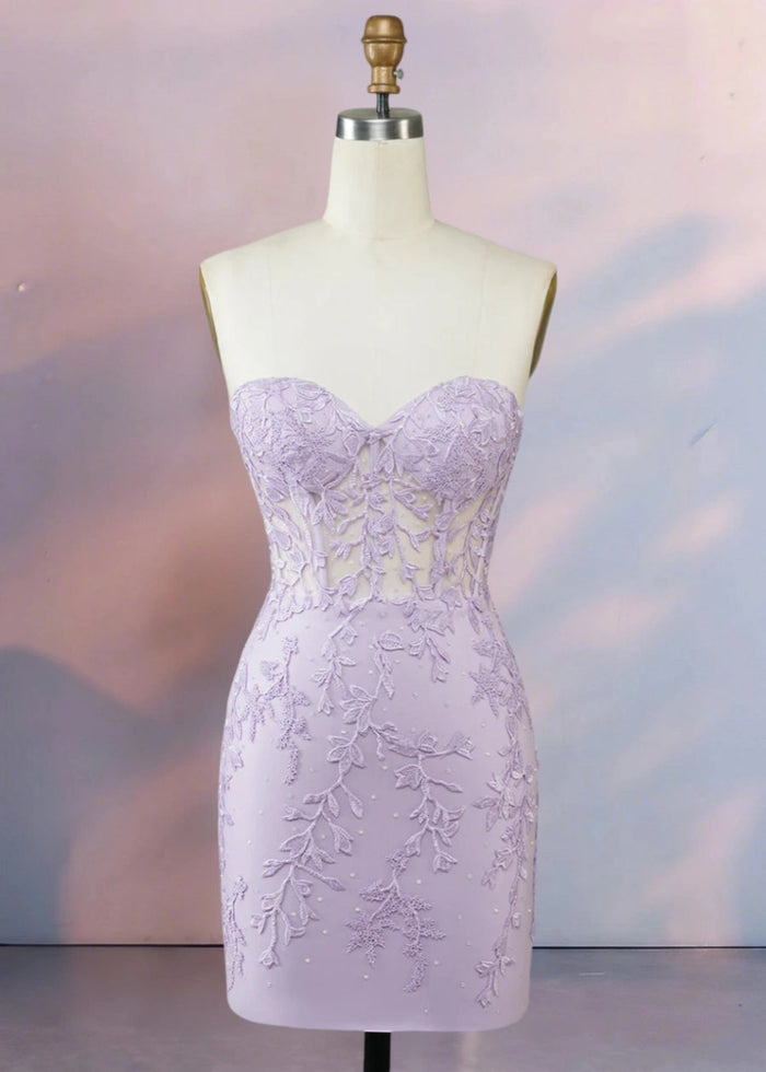 Despina | Dazzle in Black: Lace Short Strapless Homecoming Dress with Sparkling Details - Lavender - PromDressClub