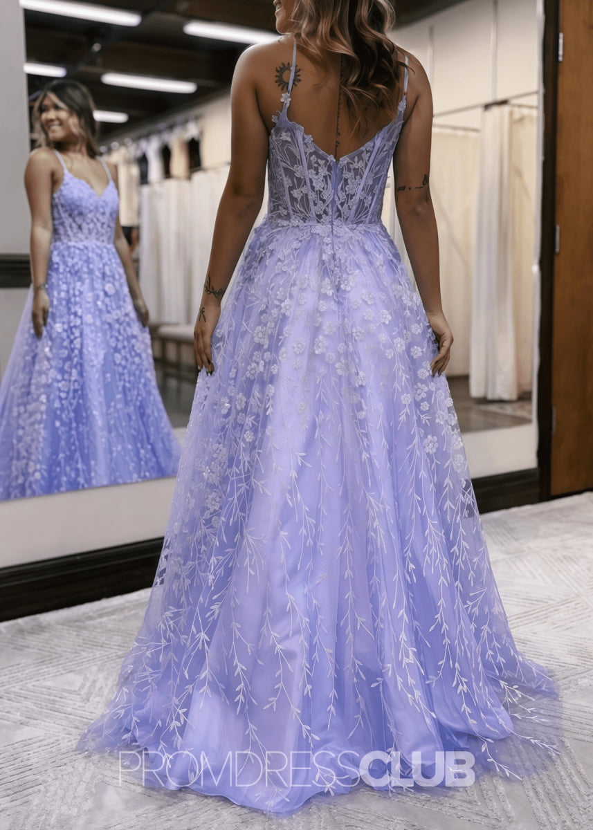 Diana |Long Gold Prom Dress Lace With A Line Spaghetti Straps Appliques - Lilac - PromDressClub