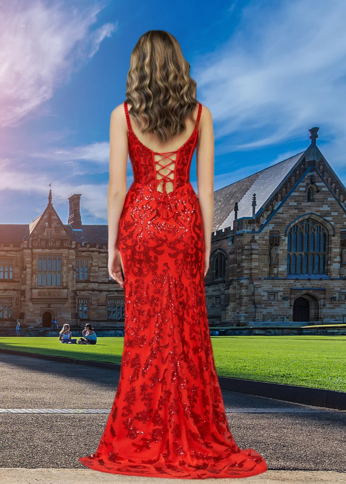 Diana | Black and Purple Mermaid Sequin Corset Prom Dress with Slit - Red - PromDressClub