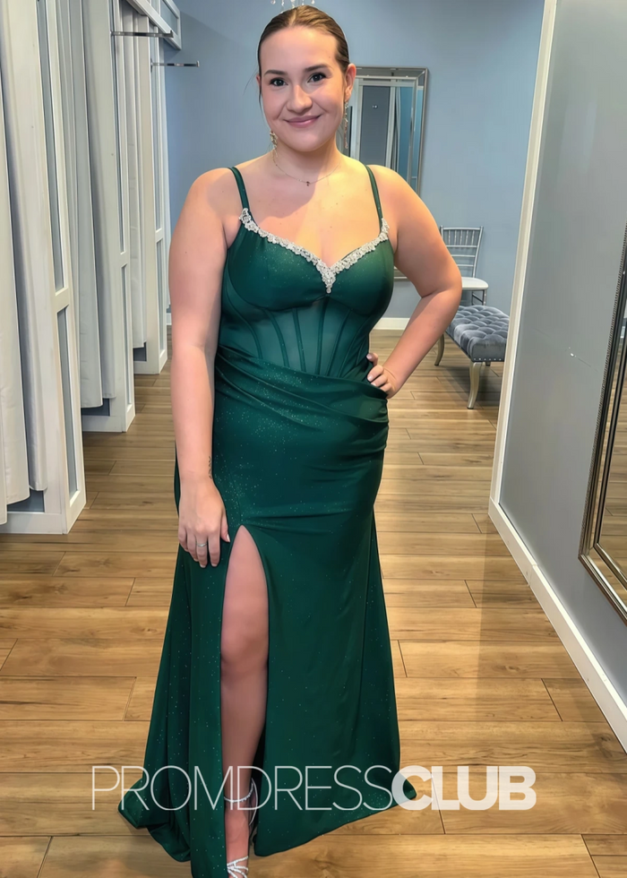 Diana |Royal Blue Prom Dresses Plus Size Long Mermaid Corset Beaded Sparkly Lace with Slit - Dark Green - PromDressClub