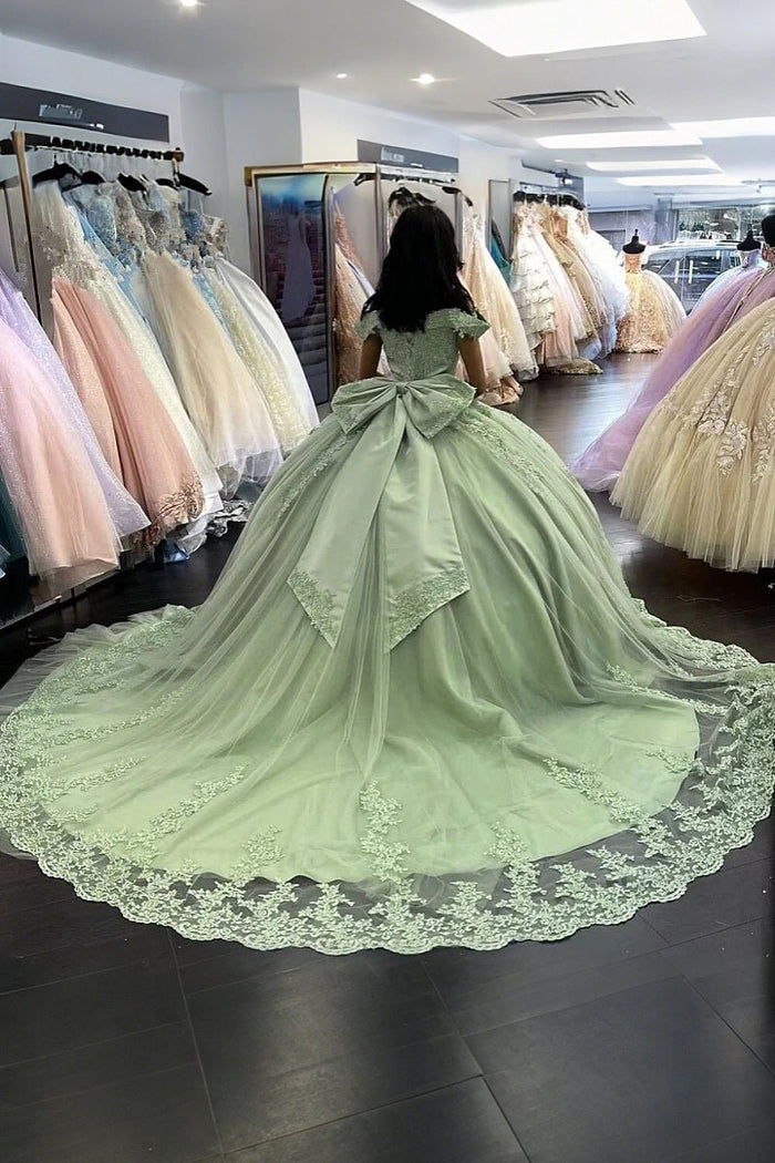 Diana | Sage Green Quinceanera Dresses with Bow - Available in Red, Royal Blue, Black & Navy Blue - Sage - PromDressClub
