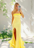 Diana | Yellow Strapless Formal Dress with Ruffles & Side Slit – Elevate Your Gala Look | Buy Pink & Yellow Formal Dresses Online - Yellow - PromDressClub