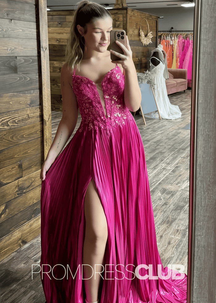 Dinah |Fuchsia Prom Dresses Long A Line Pleated Corset with Slit - Price #price_variant_lowest# - Fuchsia - PromDressClub
