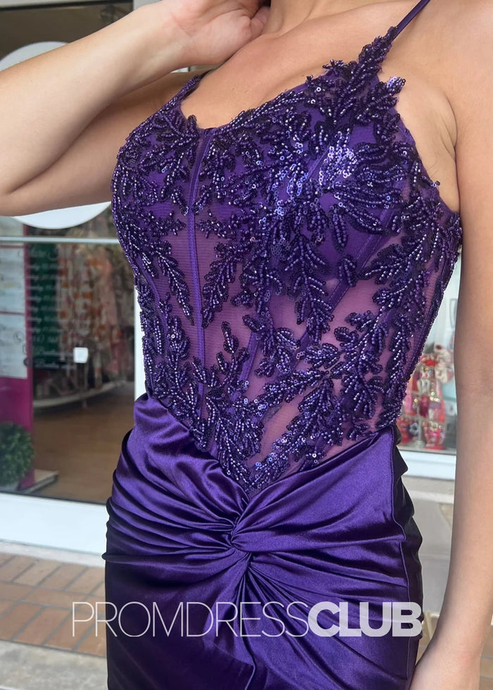 Dolores |Dark Green Prom Dress Long Mermaid Pleated Corset Spaghetti Straps with Slit - Dark Purple - PromDressClub