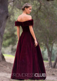 Dolores |Floor Length Burgundy Prom Dress Velvet With A - line Off The Shoulder - Burgundy - US0 - PromDressClub