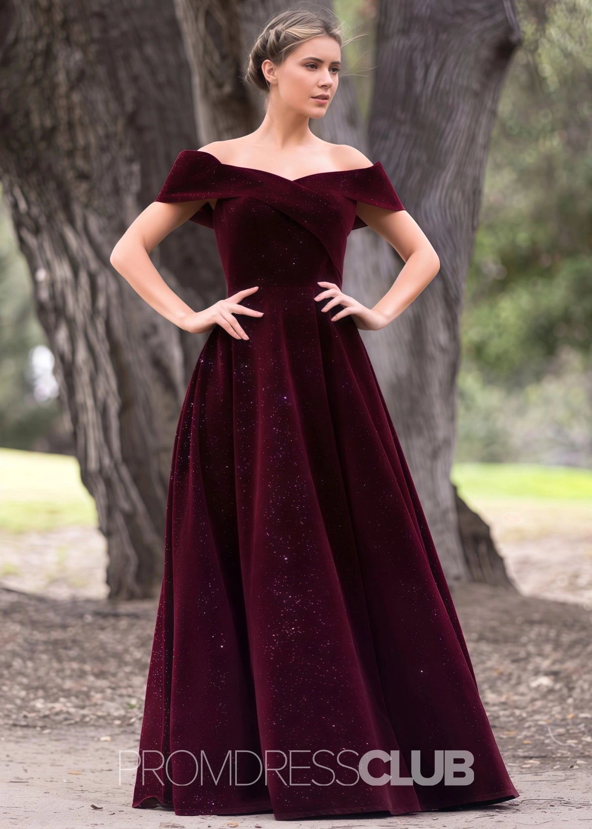 Dolores |Floor Length Burgundy Prom Dress Velvet With A - line Off The Shoulder - Burgundy - US0 - PromDressClub