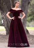 Dolores |Floor Length Burgundy Prom Dress Velvet With A - line Off The Shoulder - Burgundy - US0 - PromDressClub