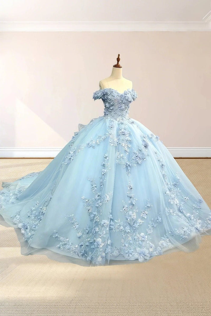 Dolores | Gorgeous Light Blue Quinceanera Flower Dresses Off the Shoulder - Exquisitely Designed & Utterly Enchanting - Light Blue - PromDressClub