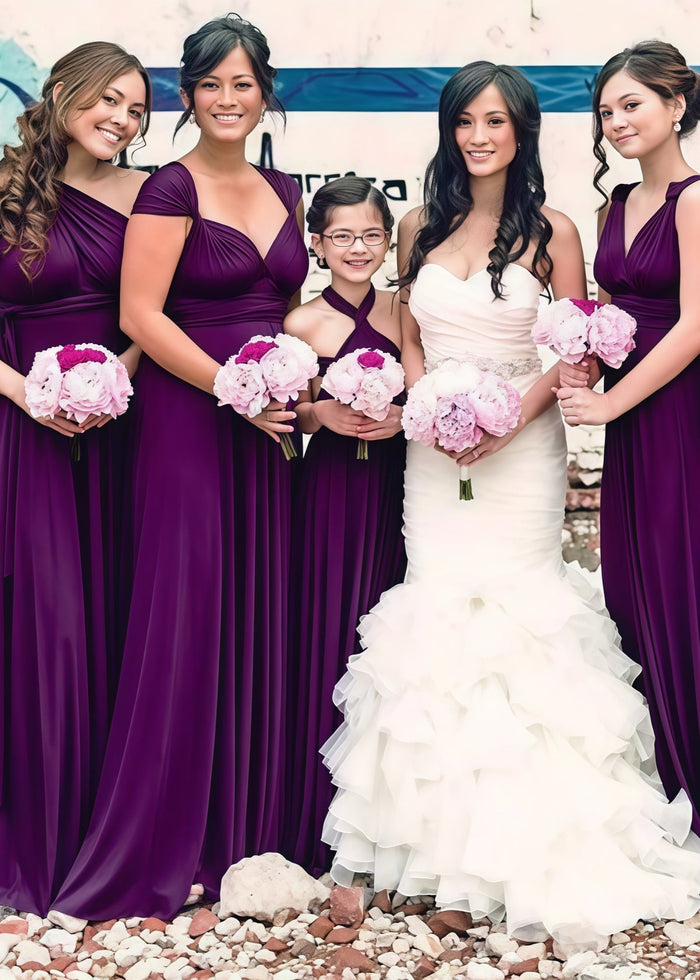 Donna | Lavish Looks Infinity Dark Purple Chiffon Maxi Bridesmaid Dress with Multiway Convertible - Price #price_variant_lowest# - Dark Purple - PromDressClub