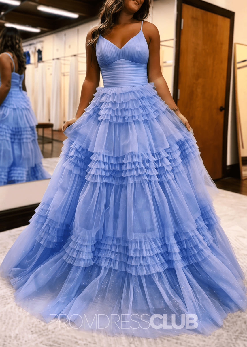Donna |Long Black Prom Dress Glitter Tulle With A Line Deep V Neck Tiered - Blue - PromDressClub