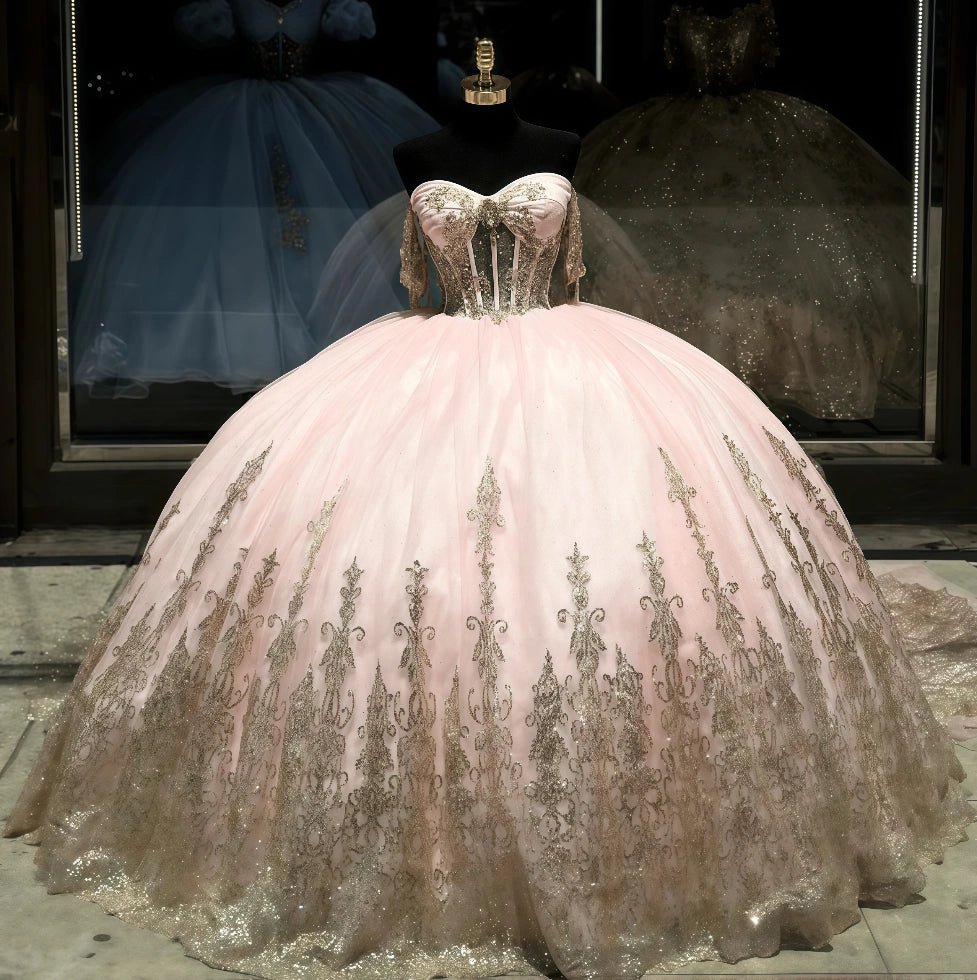 Dora | Gorgeous Light Pink and Gold Quinceanera Dresses with Bow - Perfect for Memorable Celebrations - Light Pink - PromDressClub