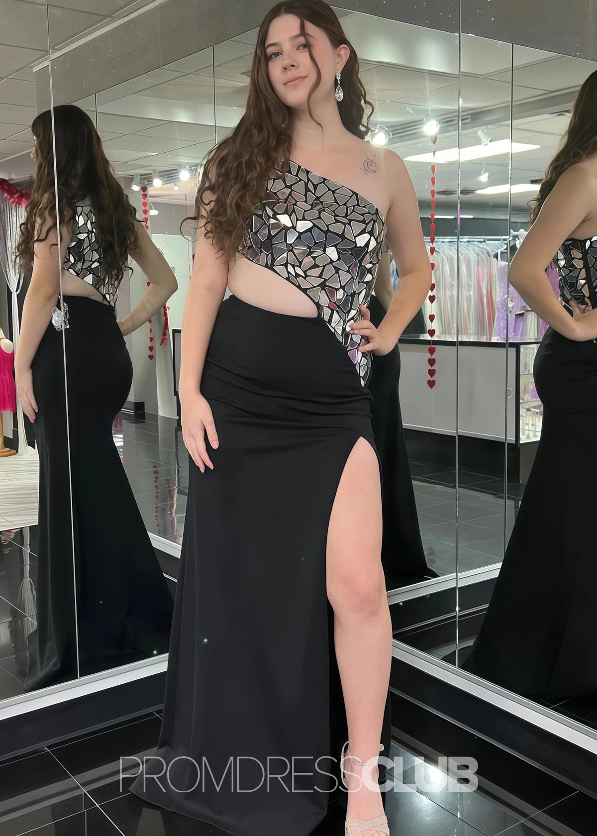 Doreen |Plus Size Black Prom Dress With Long Mermaid Sheath One Shoulder Cut Mirror Sequins - Black - US0 - PromDressClub