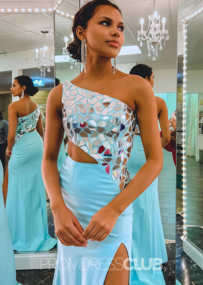 Doreen |Plus Size Black Prom Dress With Long Mermaid Sheath One Shoulder Cut Mirror Sequins - Sky Blue - PromDressClub