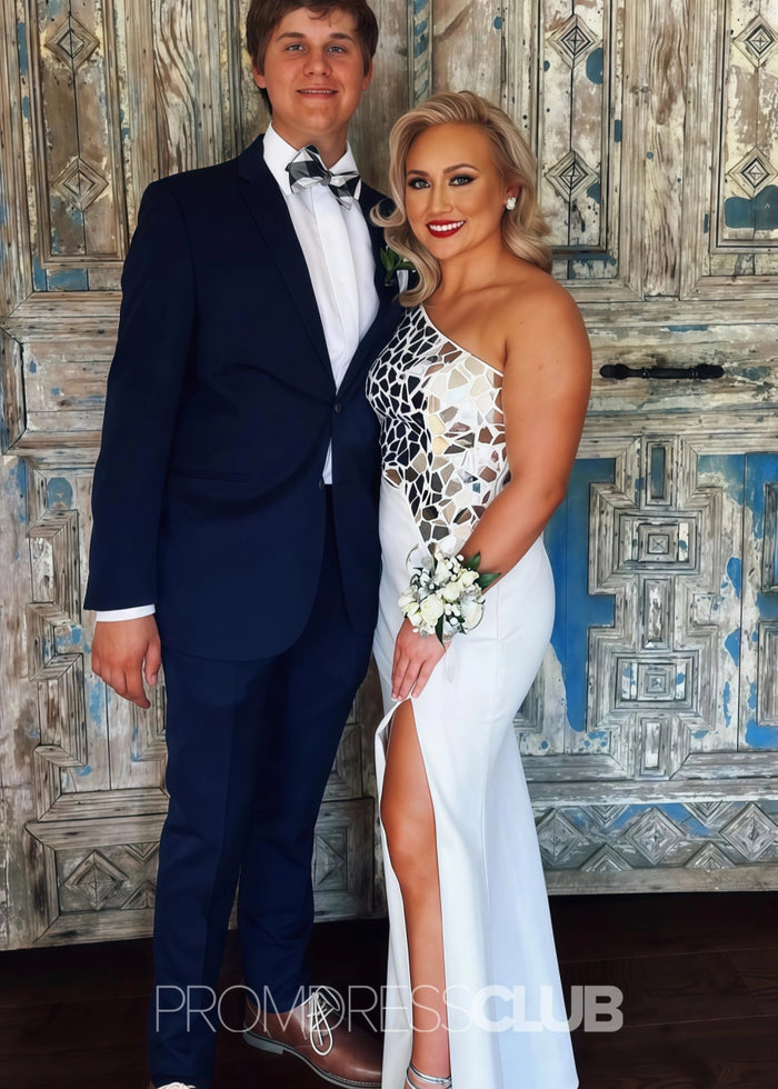 Doreen |Plus Size Black Prom Dress With Long Mermaid Sheath One Shoulder Cut Mirror Sequins - White - PromDressClub