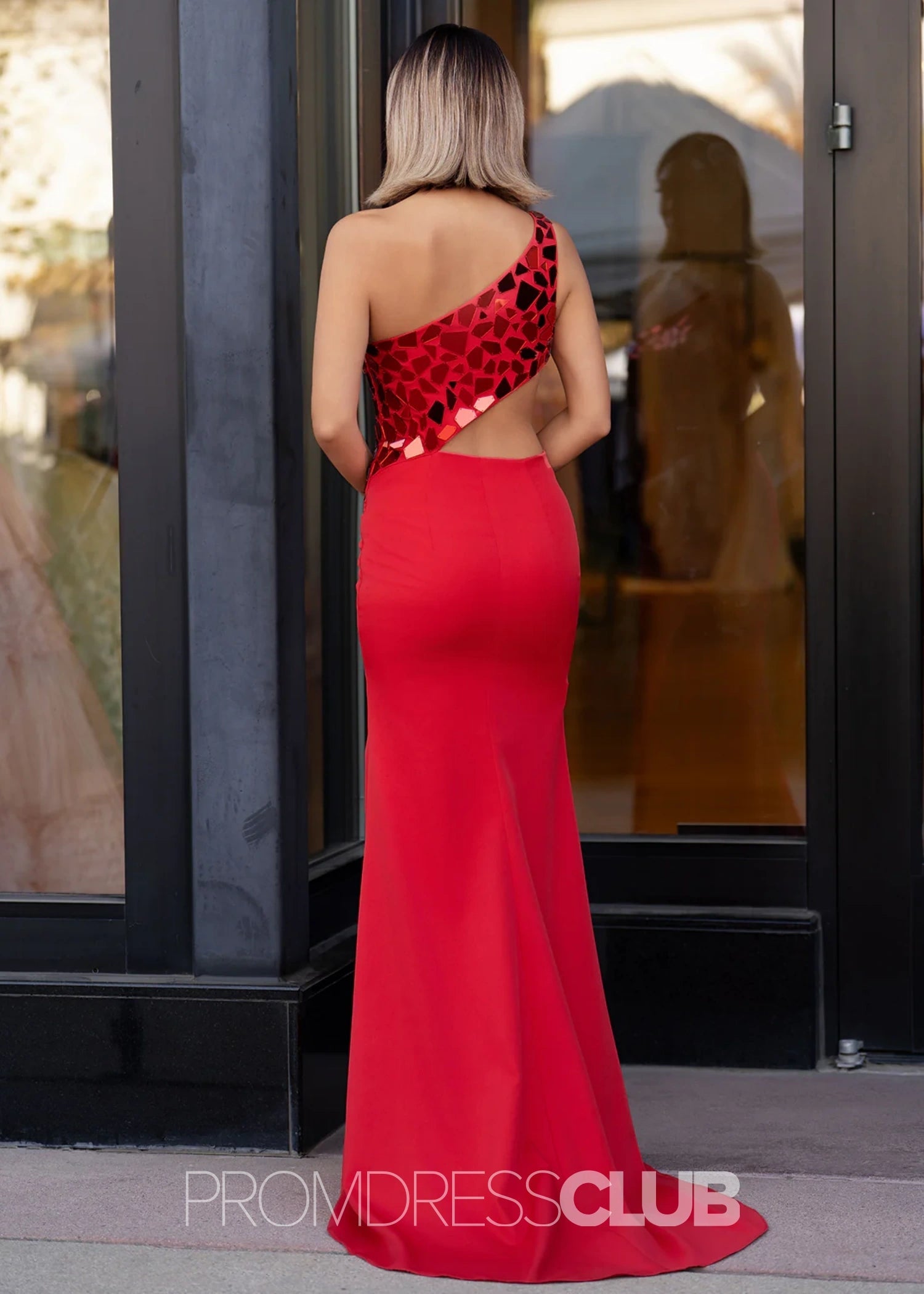 Doreen |Plus Size Black Prom Dress With Long Mermaid Sheath One Shoulder Cut Mirror Sequins - Red - US0 - PromDressClub