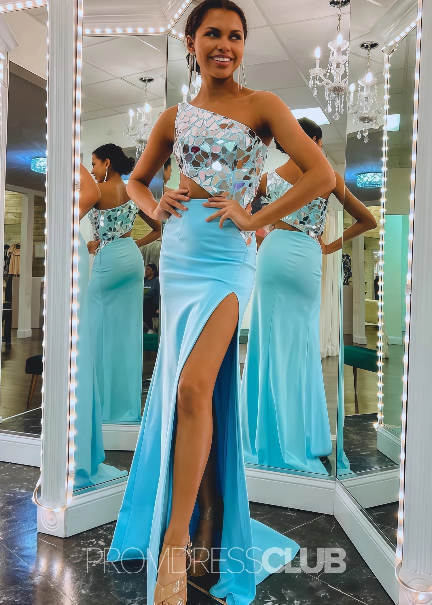 Doreen |Plus Size Black Prom Dress With Long Mermaid Sheath One Shoulder Cut Mirror Sequins - Sky Blue - US0 - PromDressClub