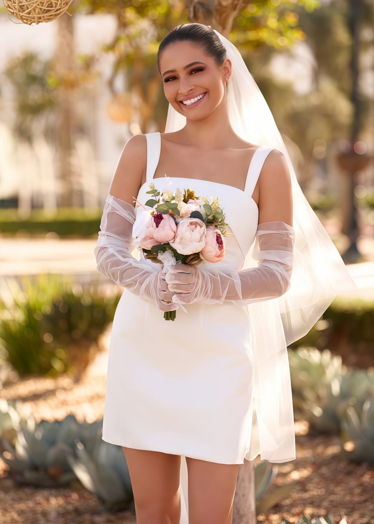 Doris | Bodycon Square Neck White Satin Mini/Short Wedding Dress with Bow Back and Veil - White - PROMDRESS Club