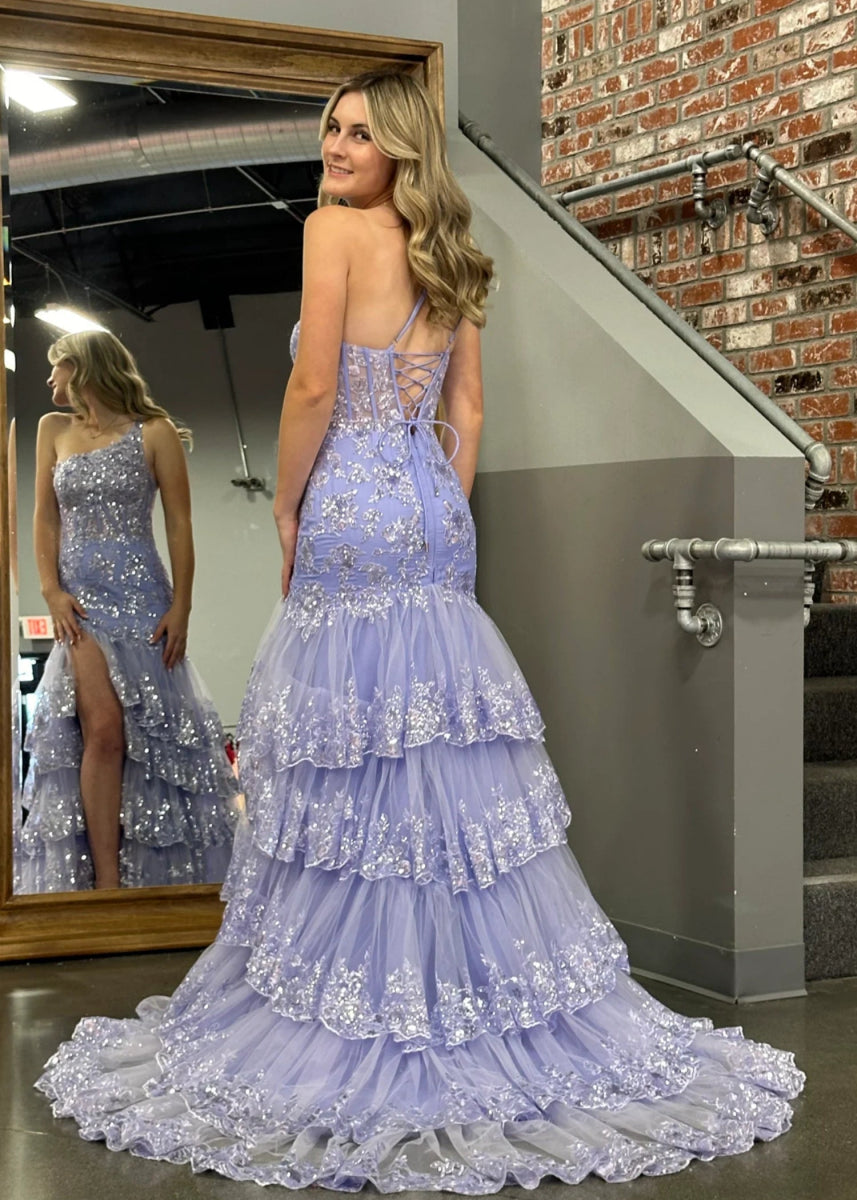 Dorothy | Red Lavender Mermaid One Shoulder Sequin Formal Dresses with Ruffles - Lavender - PromDressClub