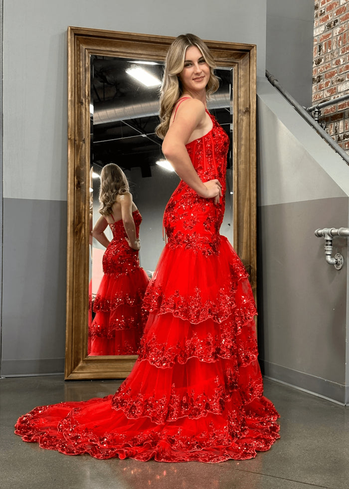 Dorothy | Red Lavender Mermaid One Shoulder Sequin Formal Dresses with Ruffles - Red - PromDressClub