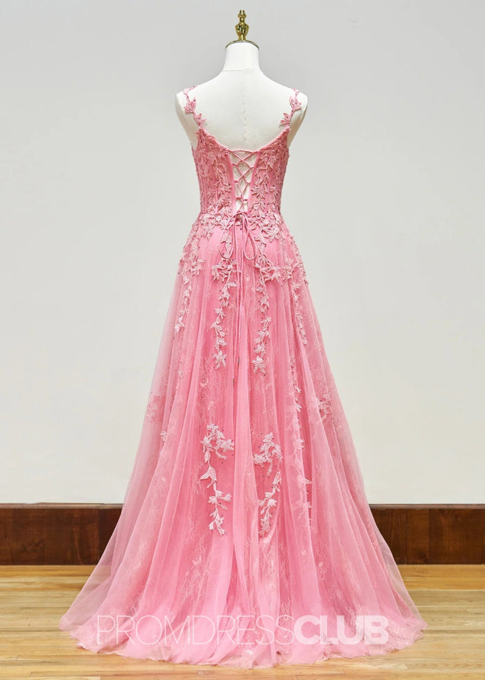 Eartha |Long Navy Blue Prom Dress Lace Tulle With A Line Sweetheart 3D Flower Slit - Hot Pink - PromDressClub