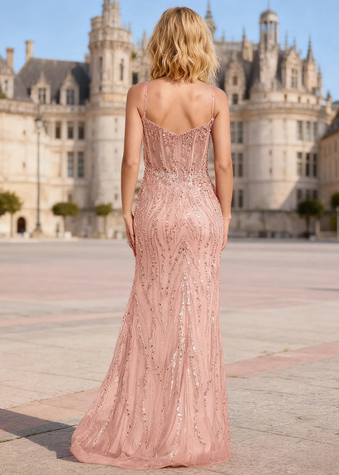 Ebullience Dusty Pink Sequins Mermaid Prom Dress | Spaghetti Straps Sweetheart Neckline Floor Length Slit Dress - US0 - PromDressClub