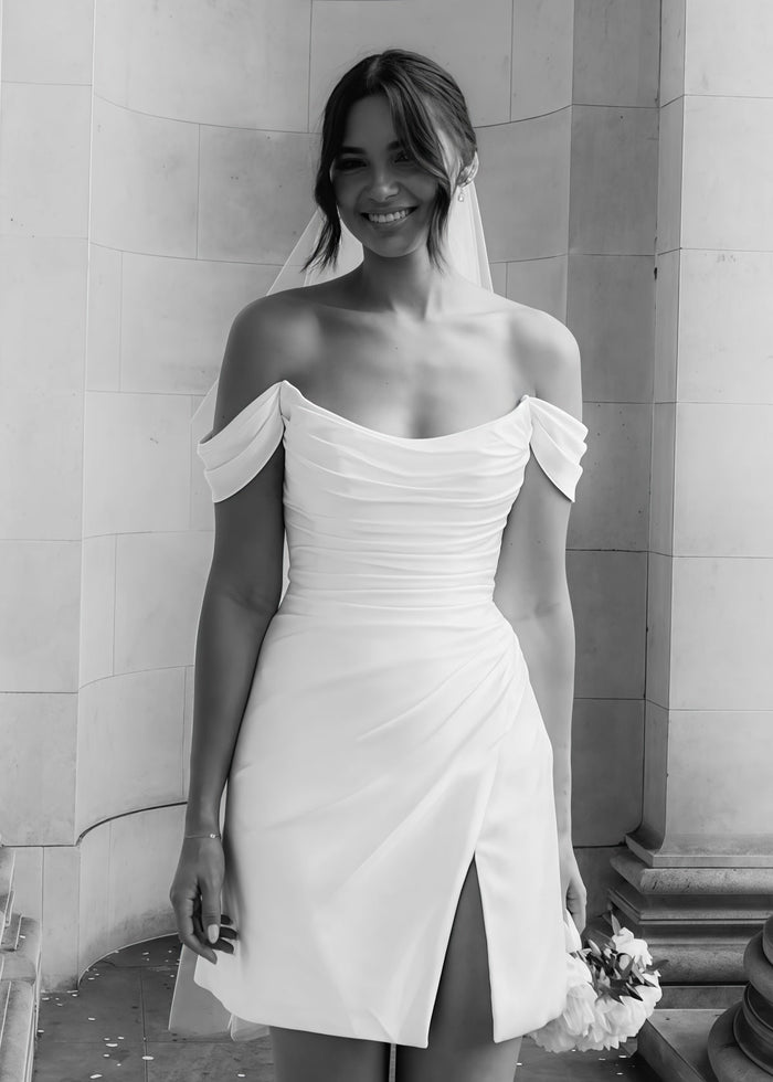 Eileen | Simple Cowl Neck Pleated Short/Mini White Satin Wedding dress with Slit and Off the Shoulder - Price #price_variant_lowest# - White - PromDressClub