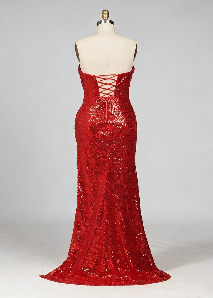 Eira Red Sparkly Prom Dress | Sheath Strapless Sweet Train Sequin Cokctail Dress with Slit - Red - PromDressClub