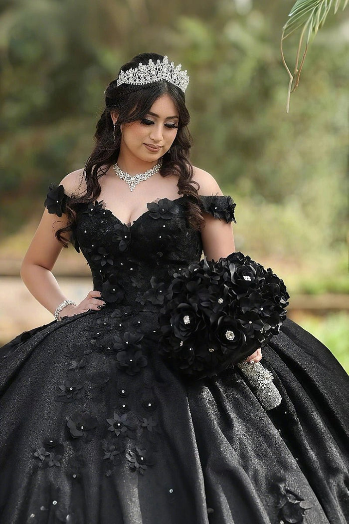 Eleanor | Gorgeous Lavender Lace Flower Quinceanera Dresses Off the Shoulder for Memorable Occasions - Black - PromDressClub