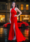 Eleanor | Stunning Red Satin Halter Neck Backless Formal Dress with Slit – Elevate Your Formal Event Style Color Red