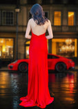 Eleanor | Stunning Red Satin Halter Neck Backless Formal Dress with Slit – Elevate Your Formal Event Style - Red - PromDressClub