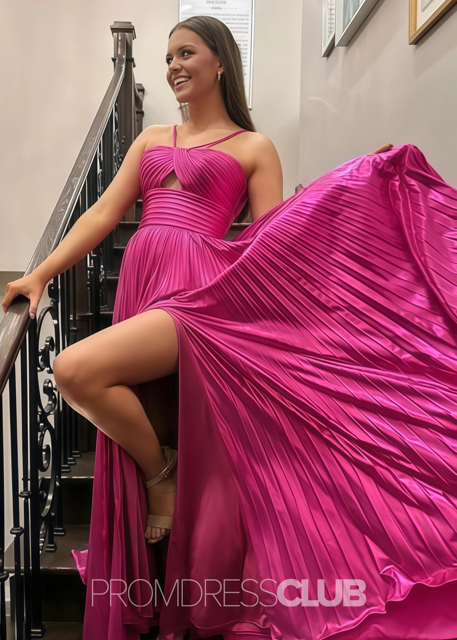 Eleanore |Long Gold Prom Dress Metallic With Spaghetti Strap Slit - Fuchsia - US0 - PromDressClub