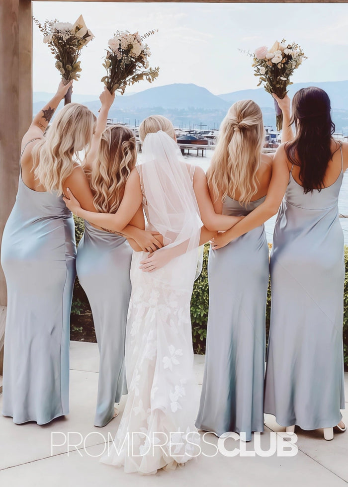 Eleanore |Long Light Blue Bridesmaid Dresses Mermaid Spaghetti Straps Satin - Light Blue - PromDressClub