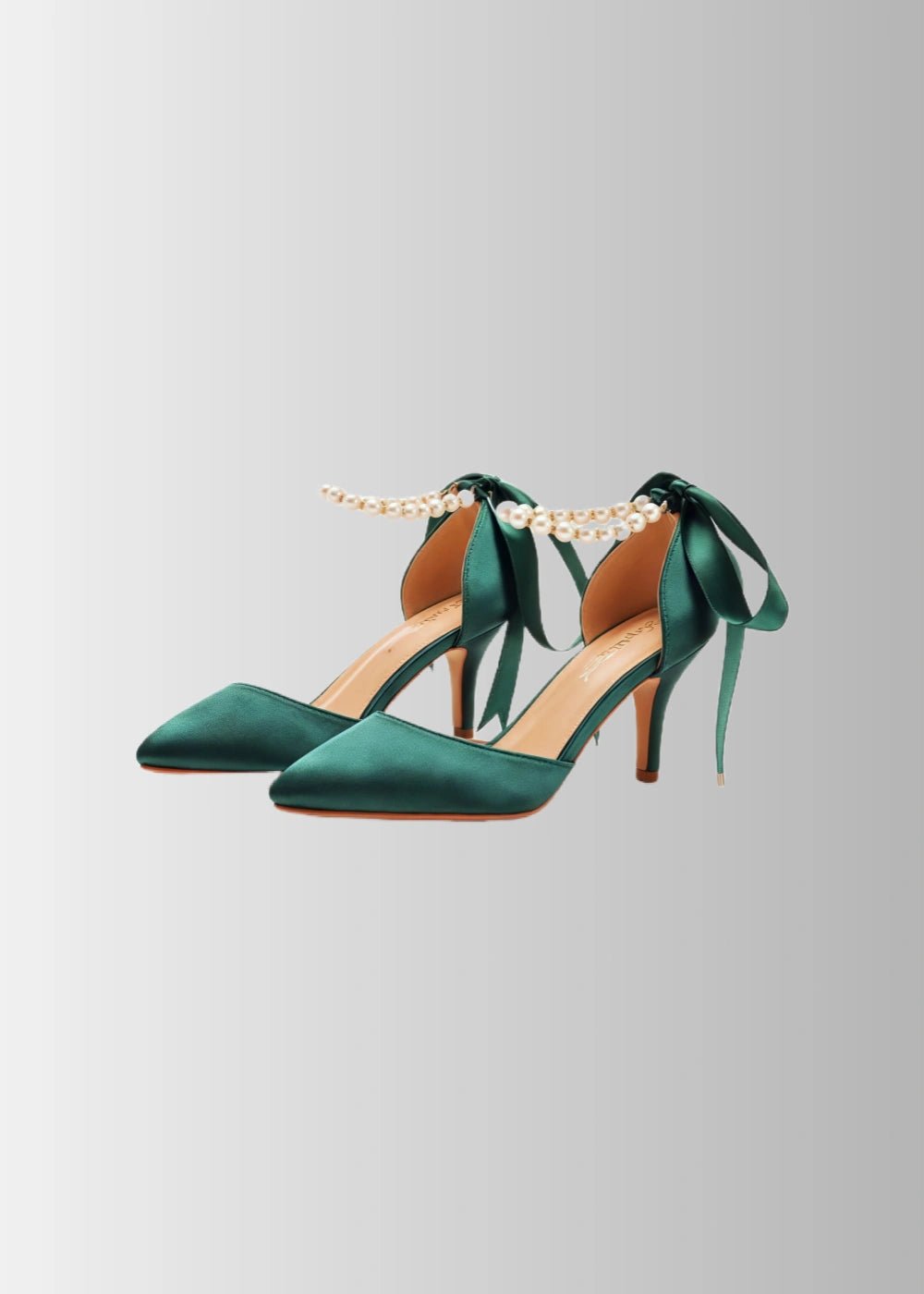 Elegant Satin Heels - Dark Green and White Pointed Toe Pearl Strap Heels for Every Occasion - Dark Green - PromDressClub
