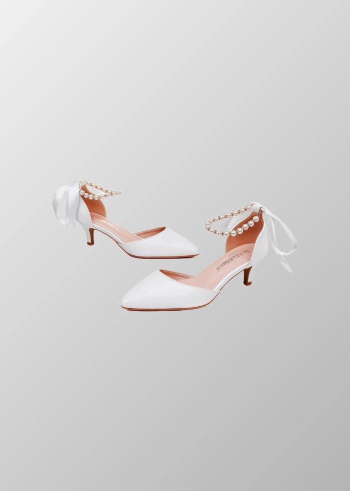 Elegant Satin Heels - Dark Green and White Pointed Toe Pearl Strap Heels for Every Occasion - Dark Green - PromDressClub