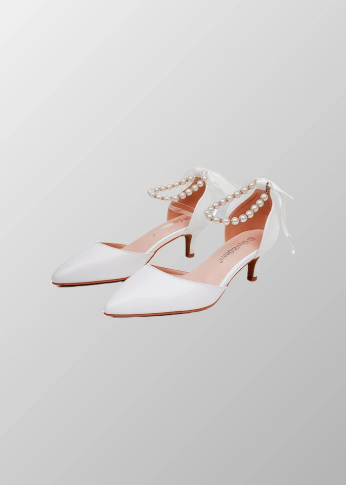 Elegant Satin Heels - Dark Green and White Pointed Toe Pearl Strap Heels for Every Occasion - Dark Green - PromDressClub