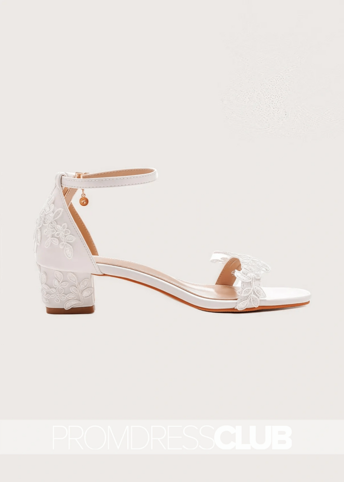 Elegant White Lace Heels With Open Toe Ankle - strap Block - White - PromDressClub