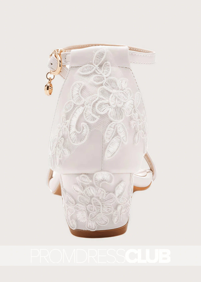 Elegant White Lace Heels With Open Toe Ankle - strap Block - White - PromDressClub