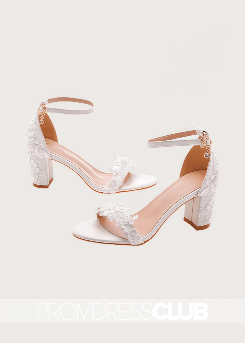 Elegant White Lace Heels With Open Toe Ankle - strap Block - White - PromDressClub