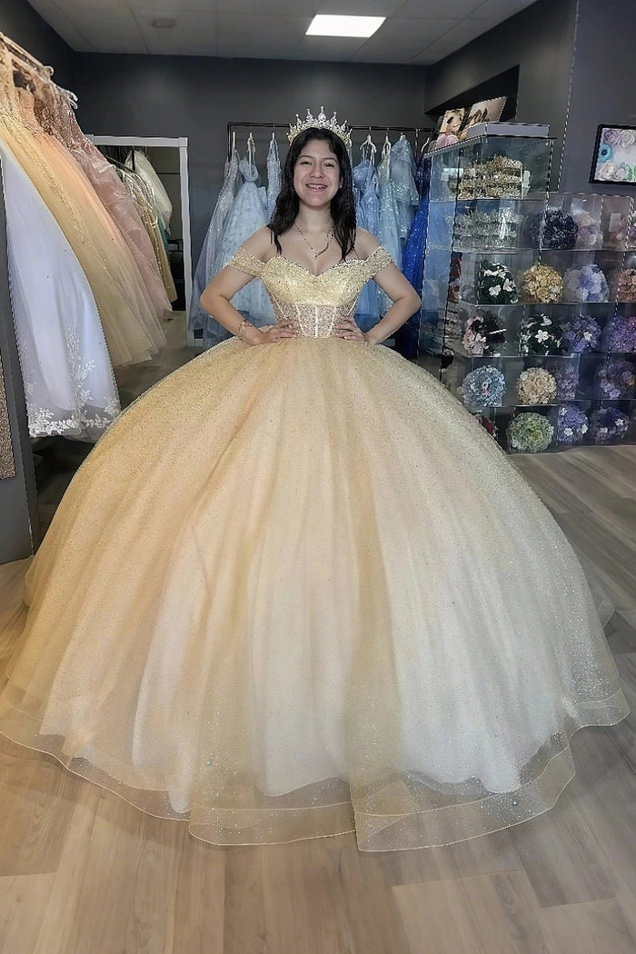 Elena | Gorgeous Glitter Sage Green Quinceanera Dresses with Big Bow - Champagne - PromDressClub
