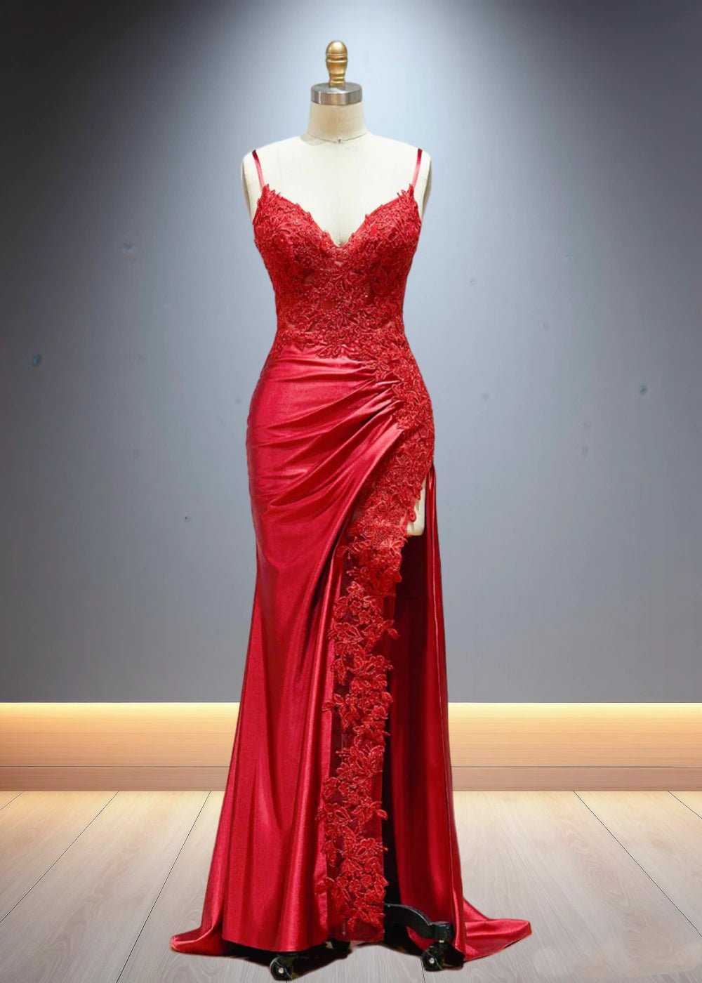 Eliy | Sheath Lace Appliques Satin Corser Black Formal Dress with Slit - Burgundy - PromDressClub
