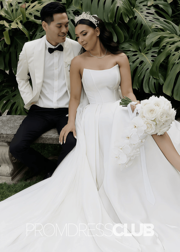 Elizabeth |White Simple Wedding Dresses Satin Strapless for Beach - White - PromDressClub