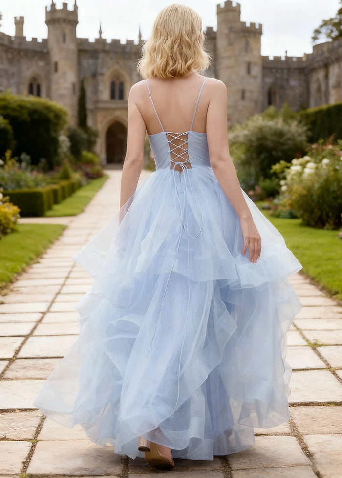Ella Light Blue Glitter Tulle Ruffled Prom Dress | A - Line Spaghetti Strap V - Neck Wedding Guest Dress - Light Blue - PromDressClub