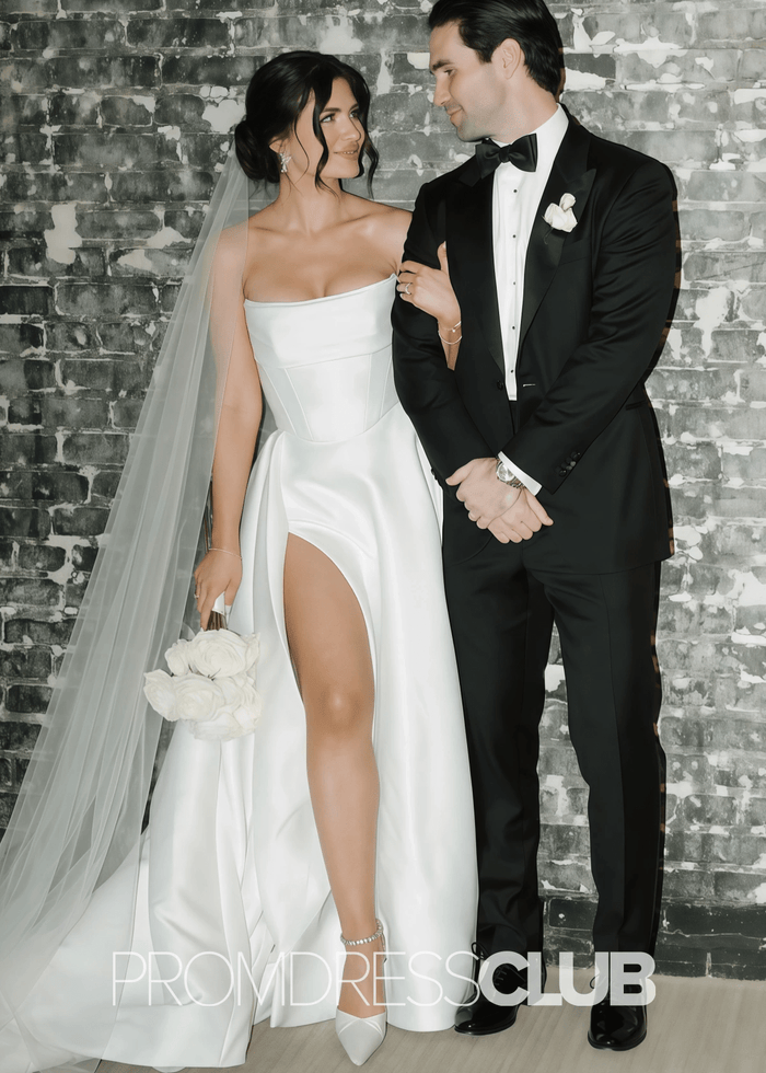 Ella |Beach White Simple Wedding Dresses Mermaid Strapless Satin with Slit - White - PromDressClub