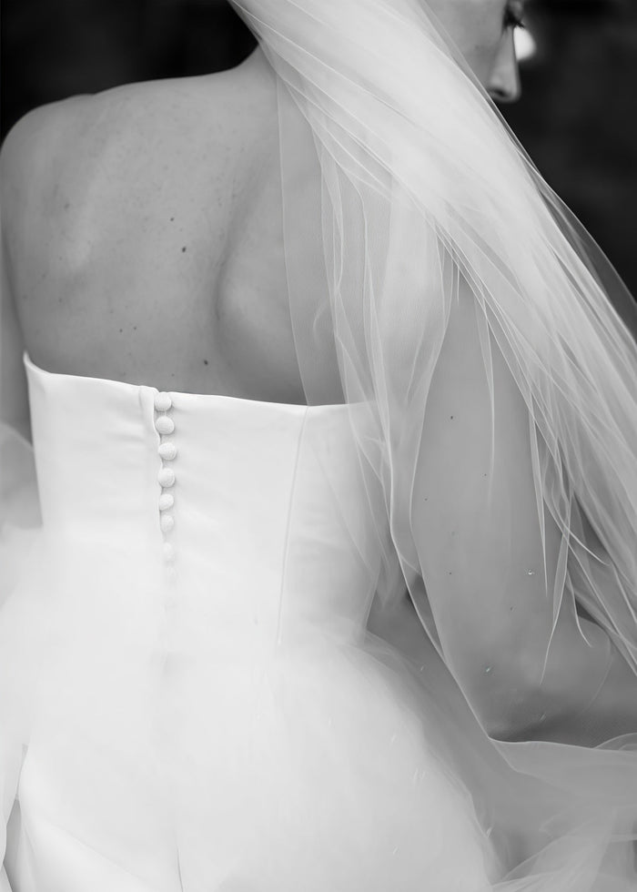 Ella | Classic A - Line Strapless Corset Backless Long White Satin Wedding Dress with Slit and Court Train - Price #price_variant_lowest# - White - PromDressClub