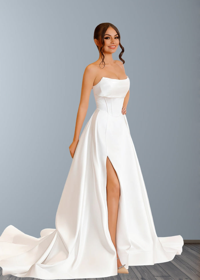 Ella | Classic A - Line Strapless Corset Backless Long White Satin Wedding Dress with Slit and Court Train - Price #price_variant_lowest# - White - PromDressClub