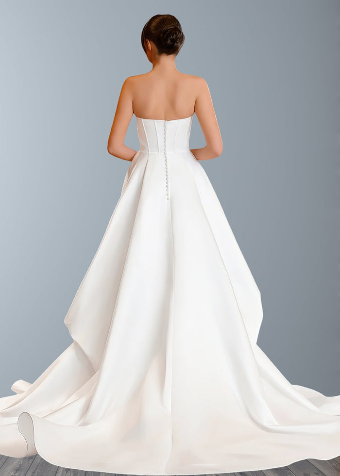 Ella | Classic A - Line Strapless Corset Backless Long White Satin Wedding Dress with Slit and Court Train - Price #price_variant_lowest# - White - PromDressClub