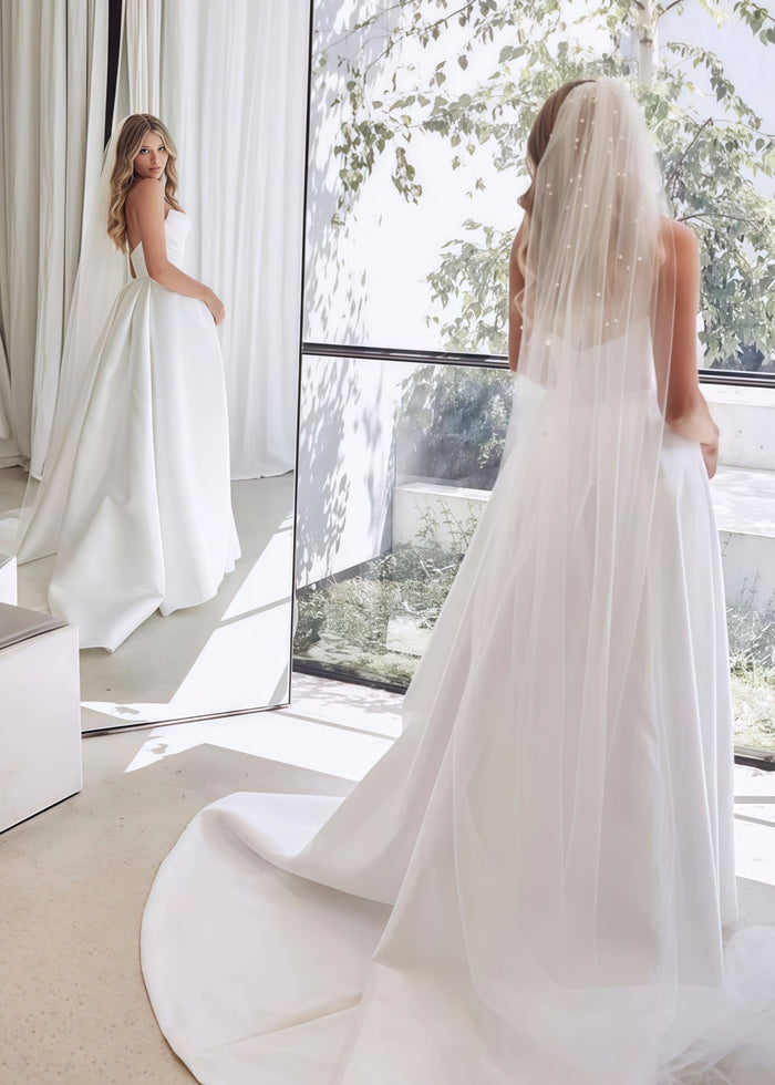 Elma | Elegant A - Line Strapless Backless White Satin Wedding Dress Train with Slit - Price #price_variant_lowest# - White - PromDressClub